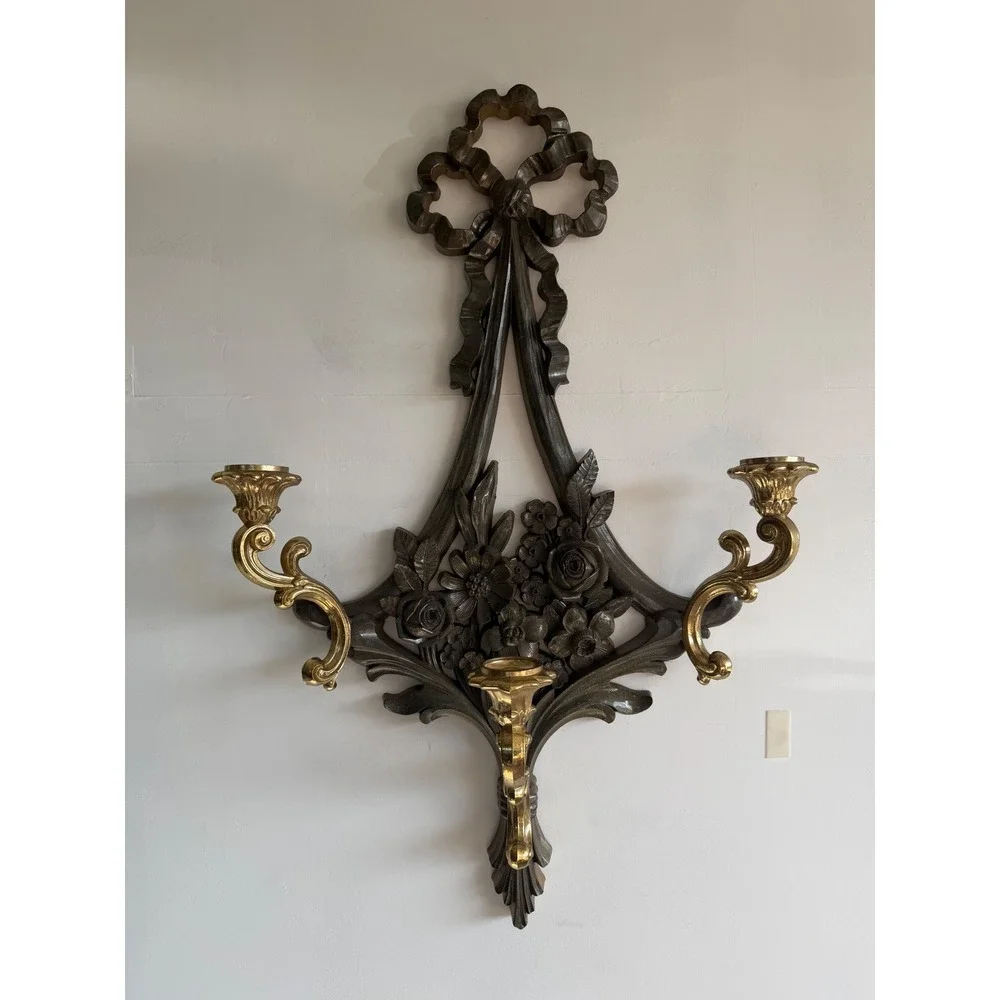 Vintage Syroco 3 Arm Wall Sconce Floral Bow Hollywood Regency Gold Faux Wood 25